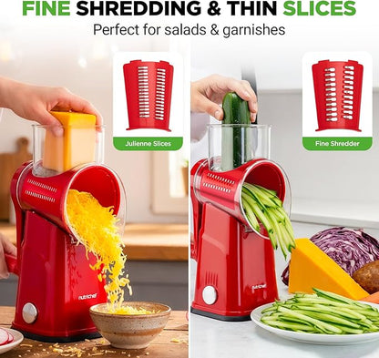NutriChef 5 in 1 Cheese Grater & Shredder | 5 Different Blades for Thin, Thick, Julienne Strips, Wavy, & Straight Strips | Includes Hand Crank, Strong Suction Base & Storage Container | Red - Image 4