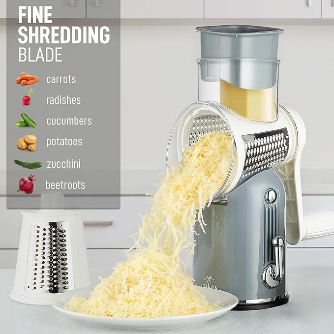 Zulay Kitchen Rotary Cheese Grater 5 Blade Cheese Shredder - Manual Hand Crank Cheese Grater With Reinforced Suction & 5 Interchangeable Drums - Easy to Use, Vegetable Chopper Round Mandoline Slicer - Image 6