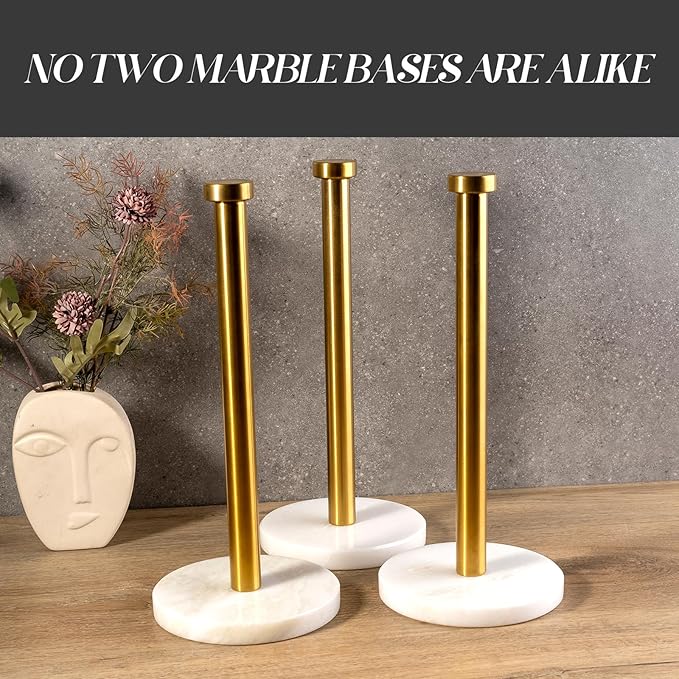 Koville African Genuine Marble Paper Towel Holder Countertop, 6" Stone Base Gold Rod Paper Towel Holder Stand for Kitchen Storage, for Standard or Jumbo-Sized Rolls - Image 6