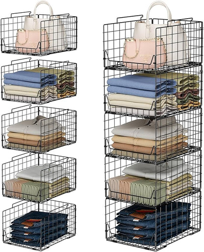 Jakyitvi 5-Tier Stackable Closet Organizer Shelf – Foldable Metal Storage Bins for Clothes, Sweaters & Towels | Stylish Black Wire Baskets for Bedroom, Wardrobe, Dorm or Entryway