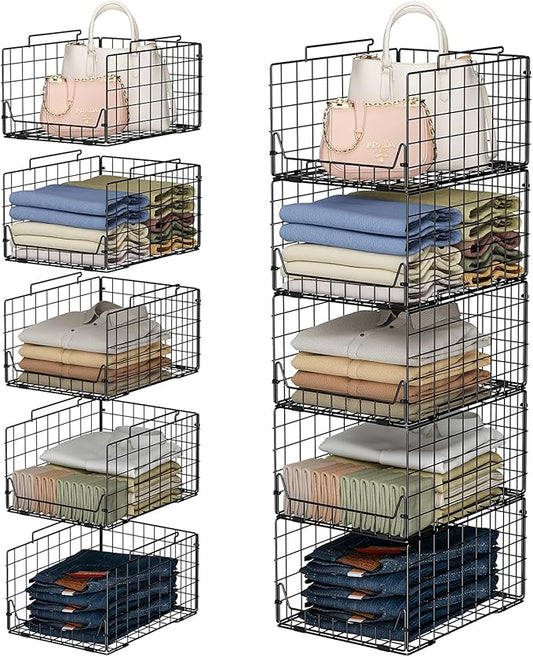 Jakyitvi 5-Tier Stackable Closet Organizer Shelf – Foldable Metal Storage Bins for Clothes, Sweaters & Towels | Stylish Black Wire Baskets for Bedroom, Wardrobe, Dorm or Entryway