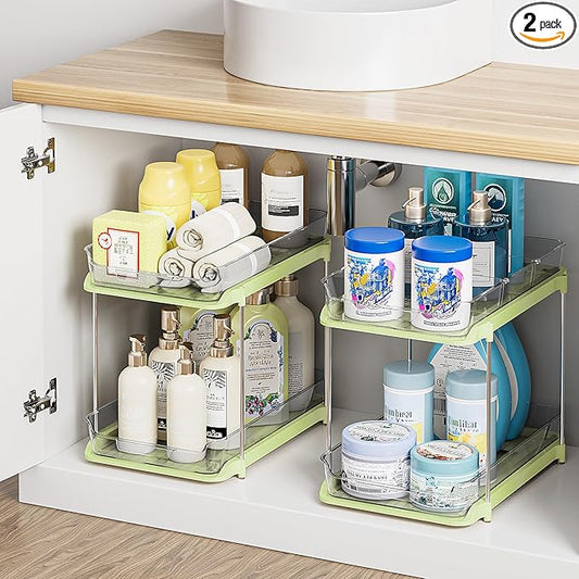 Delamu 2-Tier Multi-Purpose Bathroom Under Sink Organizers and Storage, Stackable Kitchen Pantry Organization, Pull Out Medicine Cabinet Organizer with Movable Dividers, Green, 2 Pack by DELAMU