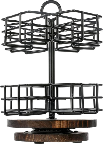 MyGift 8 Compartment Tea Bag Organizer Carousel, Black Metal Wire Packet Holder and 360 Degree Spinning Burnt Solid Wood Base, Coffee Station Storage Caddy