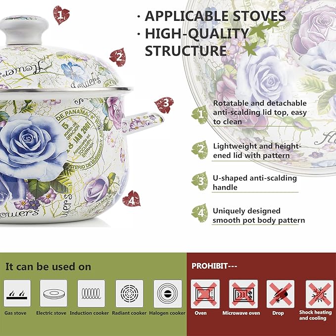 Retro Flower Enamel Stockpot with Lid,Stockpots for Cooking,Retro Classic Design(5L-Blue Rose) - Image 2