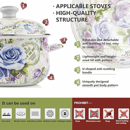 Retro Flower Enamel Stockpot with Lid,Stockpots for Cooking,Retro Classic Design(5L-Blue Rose) - Image 2