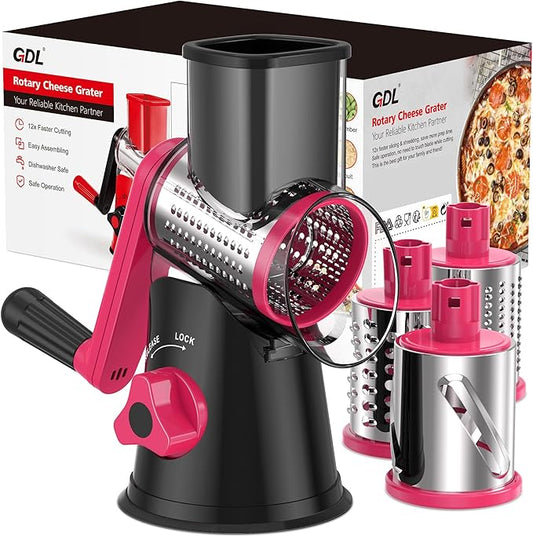 Cheese Grater Rotary, Rotary Grater for Kitchen, Kitchen Vegetable Slicer with 3 Drum Blades, Fast Cutting Cheese Shredder for Vegetables and Nuts (Black+Rosy, 3 BLADES) by GDL