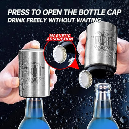 Automatic Beer Bottle Opener with Magnetic Cap Catcher, Stainless Steel One Handed Lid Opening Spring Loaded Push&Pop for Kitchen Home Bar Restaurant Household Utensils Beer Accessories Gift
