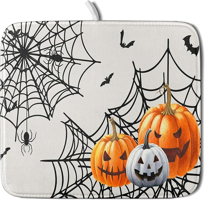 Giwawa Happy Halloween Dish Drying Mat 16"x18" Spooky Colorful Pumpkins Decorative Dish Drainer Mats Horrible Spider Web Bats Reversible Dish Drying Pad for Kitchen Countertop Dining Room