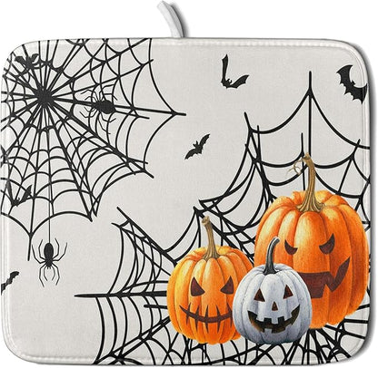 Giwawa Happy Halloween Dish Drying Mat 16"x18" Spooky Colorful Pumpkins Decorative Dish Drainer Mats Horrible Spider Web Bats Reversible Dish Drying Pad for Kitchen Countertop Dining Room