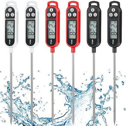 Copkim 6 Pcs Instant Read Meat Thermometer with Long Probe 9.65 Inch Kitchen Cooking Food Candy Waterproof Digital Thermometer for BBQ Water Milk Yogurt Liquid (Round&Square Ring,Black,White,Red) by Copkim