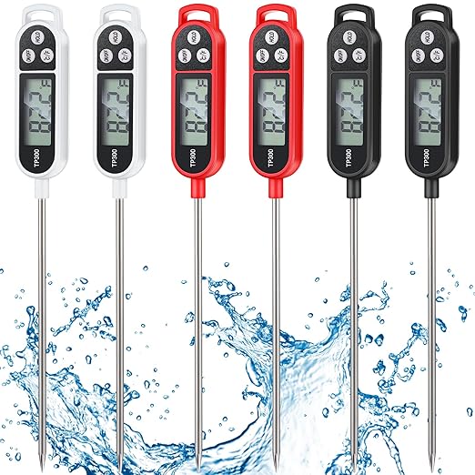 Copkim 6 Pcs Instant Read Meat Thermometer with Long Probe 9.65 Inch Kitchen Cooking Food Candy Waterproof Digital Thermometer for BBQ Water Milk Yogurt Liquid (Round&Square Ring,Black,White,Red) by Copkim