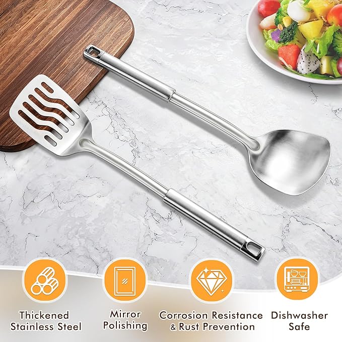 2 Pcs Stainless Steel Spatulas Set, Metal Spatula Solid & Slotted Turner, Heavy Duty Sturdy Spatula for Kitchen Use, High Heat Resistant Cooking Utensils for Fish Eggs Pancakes, Easy to Clean, Silver - Image 2