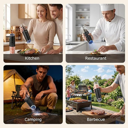 Bonsenkitchen Gravity Electric Salt and Pepper Grinder Set,Type-C Rechargeable Automatic Grinder With 6-Level Coarseness Adjustment, LED Light, 135ML Large Capacity for Kitchen, BBQ & Camping