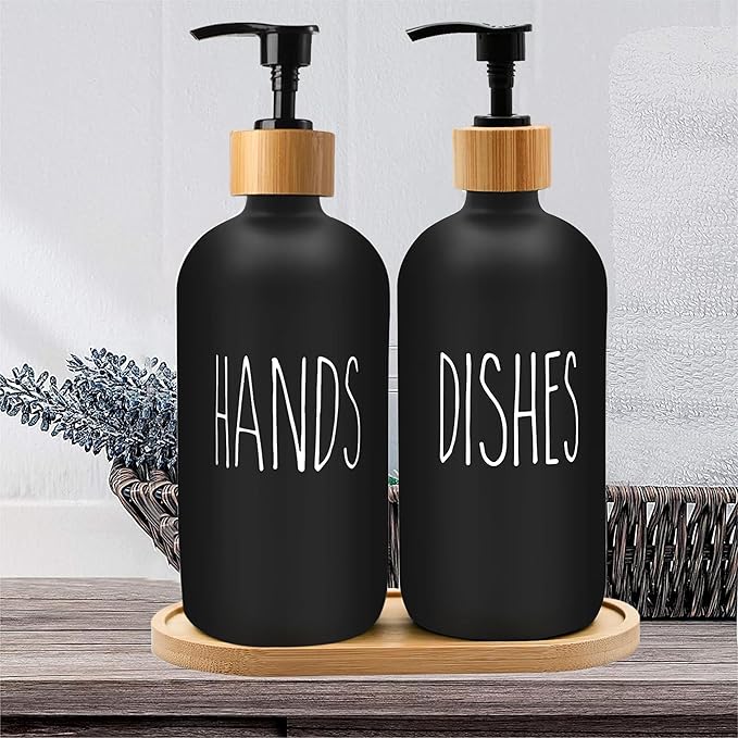 Sunrise Premium 16 OZ Thick Black Glass Soap Dispenser, Bamboo Pump with Tray 2 Pack, Hand and Dish Soap Dispenser Set for Bathroom with 6 Waterproof Labels - Image 6