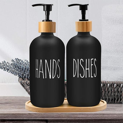 Sunrise Premium 16 OZ Thick Black Glass Soap Dispenser, Bamboo Pump with Tray 2 Pack, Hand and Dish Soap Dispenser Set for Bathroom with 6 Waterproof Labels - Image 6