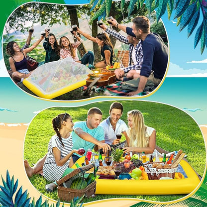 Leitee 3 Pcs Inflatable Serving Bar Kit Includes Salad Buffet Tray with Drain Plug Mesh Food Cover Food Drink Containers and Inflator for Ice Supplies Halloween Party Camping Picnic(Yellow)