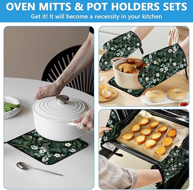 Botanical Print FloralOven Mitts and Pot Holders Sets Heat Resistant 4Pcs Potholders Oven Gloves Hot Pads for Kitchen Baking Cooking Grilling BBQ