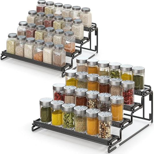 4 Tier Spice Rack Organizer for Cabinet - Black (2 Pack) | Spice Holder Shelf with Protection Railing for Inside Cabinets, Countertop, Pantry Storage & Seasoning Organization by GREATLUHENGPING