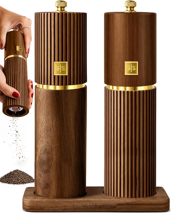 Wooden Salt and Pepper Grinder Set – Refillable Manual Salt and Pepper Mills with Adjustable Ceramic Burrs, Gold Detailing, and Wood Stand – Dark Wood by STYLEDSETTINGS