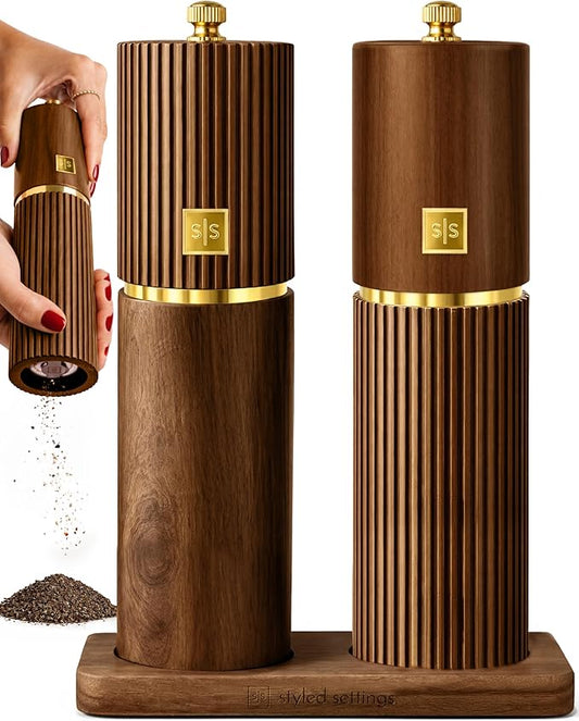 Wooden Salt and Pepper Grinder Set – Refillable Manual Salt and Pepper Mills with Adjustable Ceramic Burrs, Gold Detailing, and Wood Stand – Dark Wood by STYLEDSETTINGS