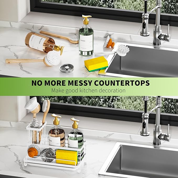 Cisily Stainless Steel Kitchen Sink Caddy Organizer, Sponge Holder for Sink Rustproof, Non-Slip Soap Dish Dispenser Brush Holder Storage, Home & Kitchen Essentials Accessories (White) - Image 6