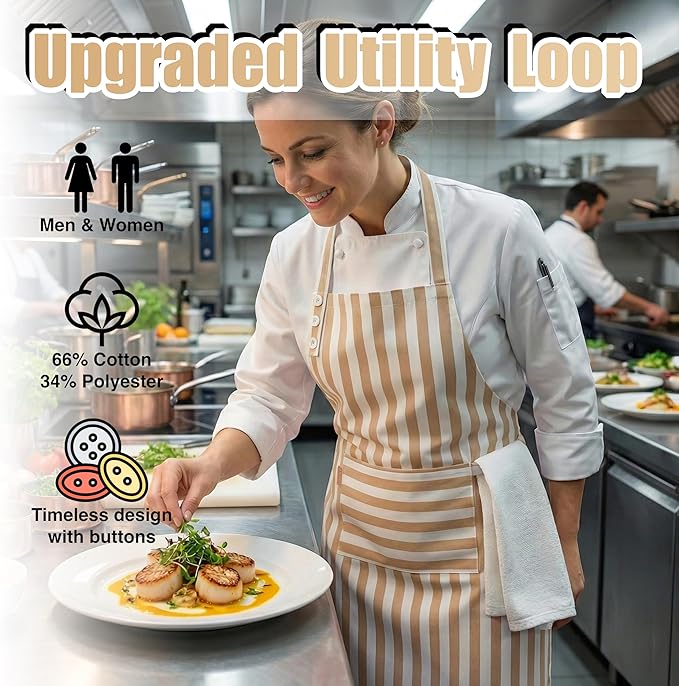 TOSHEX Kitchen Apron Waterdrop Resistant Cotton Apron with adjustable Aprons for Women with Pockets Cooking Apron Chef Apron for Men (1, Brown)