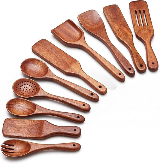 10Pcs Wooden Kitchen Utensil Set, Premium Natural Acacia Wood Cooking Utensils for Nonstick Cookware, Spoon Spatula Turner Ladle Skimmer Serving Tools