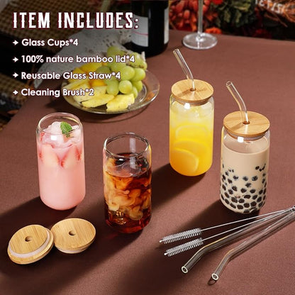 Drinking Glasses with Bamboo Lids and Glass Straw 4pcs Set - 16oz Glass Cups, Iced Coffee Glasses, Cute iced Tea Glasses, Beer Glasses, Ideal for Coffee Bar Accessories, Aesthetic Gift - 2 Brushes - Image 2