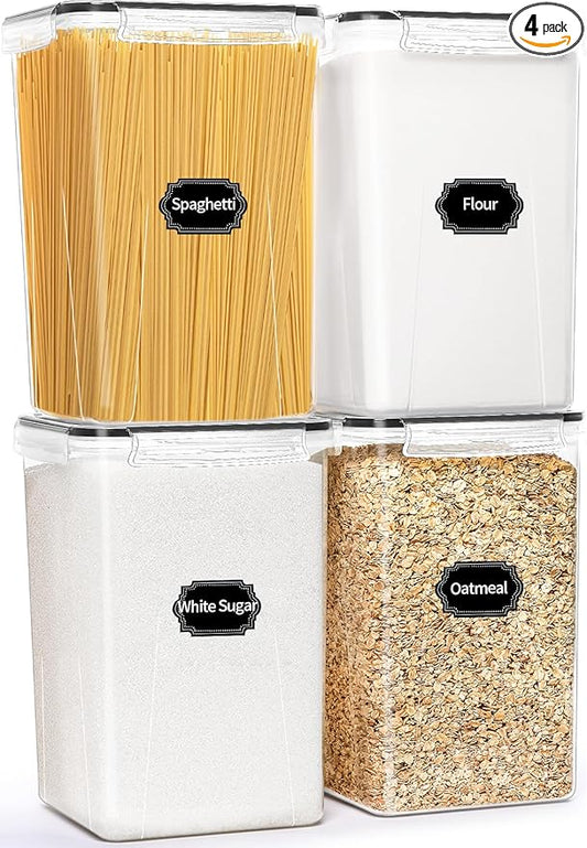 HKJ Chef 4 Pack Extra Large Airtight Food Storage Containers with Lids (6.5L / 220 oz), BPA Free Plastic Kitchen and Pantry Organization Contianers for Cereal Flour and Sugar Storage, Labels & Marker