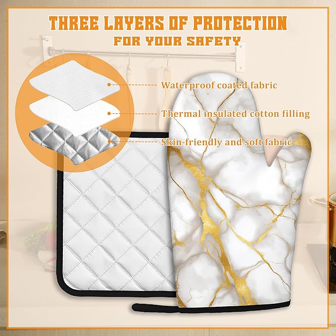 Marble Oven Mitts and Pot Holders Set,White Gold Flowing Marble Kitchen Oven Gloves and Pot Holder with Heat Resistant Non Slip for Cooking Baking Grilling(4 Piece Set)