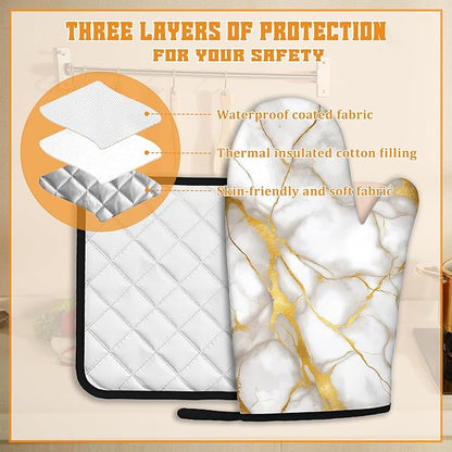 Marble Oven Mitts and Pot Holders Set,White Gold Flowing Marble Kitchen Oven Gloves and Pot Holder with Heat Resistant Non Slip for Cooking Baking Grilling(4 Piece Set)