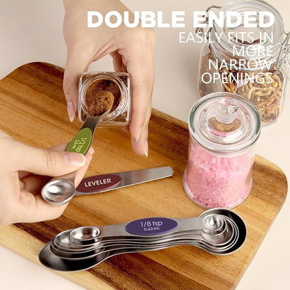 ChefAide Pack of 8 Stainless Steel Magnetic Measuring Spoons Set, Dual Sided, Stackable, Adjustable Teaspoon and Tablespoon Measure Spoon with Leveler, Kitchen Gadgets - Image 3