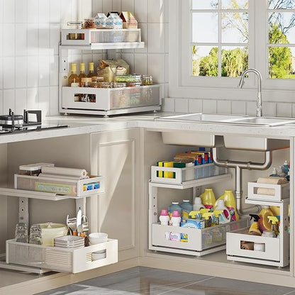 1 Pack 15.74IN-Depth Under Sink Organizer with Next-Gen Ball-Bearing Slides,2-Tier Pull Out Cabinet Storage,Height Adjustable Drawer Shelf for Bathroom,Kitchen,Laundry,Cabinet,Pantry-White