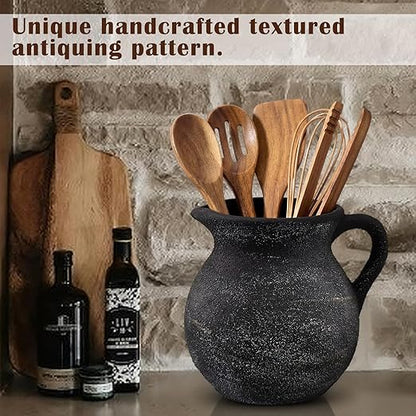 Potchen Rustic Kitchen Utensil Holder with Handle,7.48" H Ceramic Vintage Utensil Crock for Countertop, Farmhouse Kitchen Decoration Ceramic Pot for Spatulas Spoons Tongs(Classic,Antique Black Gold) - Image 4