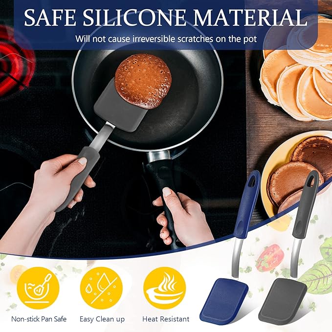 Silicone Cookie Spatula Turner 2 Pack Mini Brownie Spatula Flexible Kitchen Small Silicone Turner for Nonstick Cookware Heat Resistant No Scratch Flipper for Egg Pancake(Gray, Blue) - Image 5