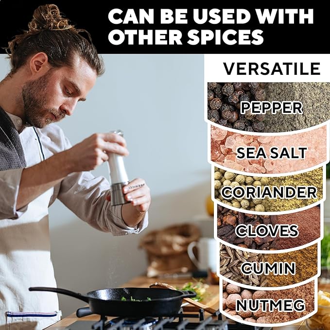 Premium Salt and Pepper Grinder Set of 2 - Two Refillable Stainless Steel Sea Salt & Spice Shakers with Adjustable Coarse Mills - Easy Clean Ceramic Grinders w/BONUS Silicone Funnel & Cleaning Brush - Image 8