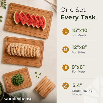 Wood Cutting Board Set of 3 with Holder - Sturdy & Easy to Clean Bamboo Wooden Cutting Boards for Kitchen - 3 Sizes of Chopping Board with Juice Grooves for Meal Prep, Everyday Use, Housewarming Gift
