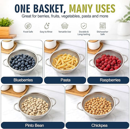 Palksky Small Colander Set of 2, 800 mL / 0.85 Qt Stainless Steel Mini Colanders with Riveted Handles, Footed Base & Micro-Perforations, Metal Kitchen Strainers for Berries, Fruits, Vegetables & Pasta