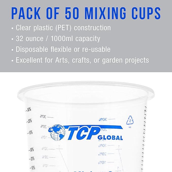 TCP Global 32 oz. (1000ml) Graduated Plastic Mixing Cups (Box of 50) - Disposable Plastic Measuring Cups for Liquids, Paints, Resin, Epoxy, Art, Kitchen - Ratios 2-1, 3-1, 4-1 ML - Image 3
