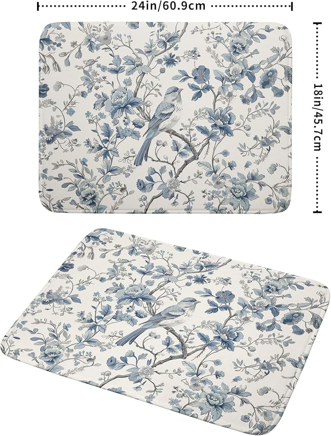 Chinoiserie Trees Dish Drying Mat for Kitchen Counter,Bule Bird Flowers Drying Mat 18 x 24 Inch with Absorbent Reversible Microfiber Drying Pad for Coffee Bar - Image 2