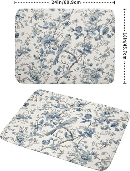 Chinoiserie Trees Dish Drying Mat for Kitchen Counter,Bule Bird Flowers Drying Mat 18 x 24 Inch with Absorbent Reversible Microfiber Drying Pad for Coffee Bar - Image 2