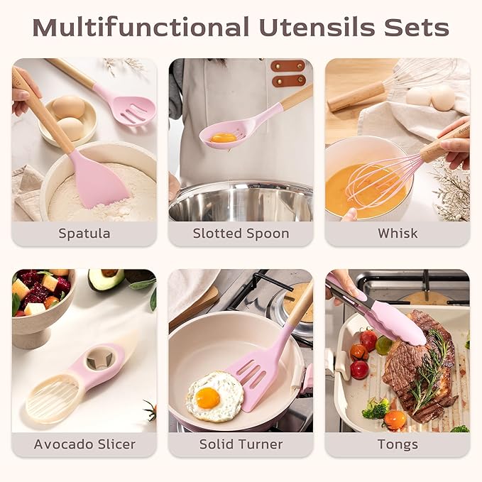 Astercook Kitchen Utensils set, 39 PCS Silicone Cooking Utensils Set with Wooden Handle, 446°F Heat Resistant Food Grade Utensil Sets, BPA Free Kitchen Gadgets Tools Set for Mothers Day Gifts - Image 5