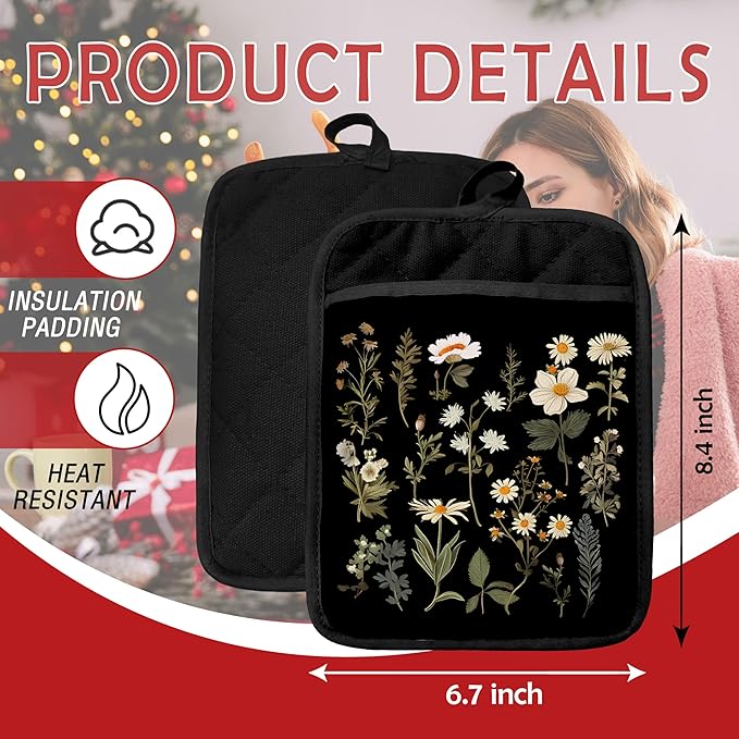 Dark Floral Botanical Pot Holders with Pockets, Cottage Core Kitchen Decor, Rustic Daisy Flower Plant Oven Pot Holders Heat Resistant Oven Mitts Hot Pads for Kitchen Baking Cooking