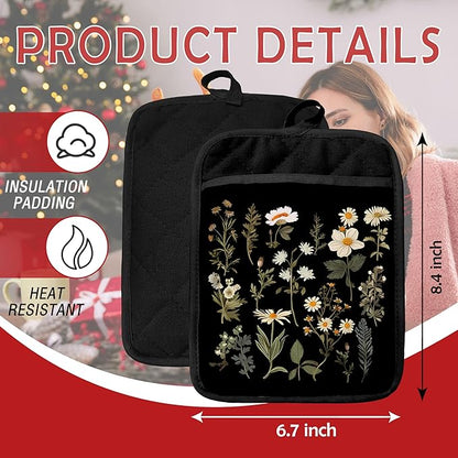 Dark Floral Botanical Pot Holders with Pockets, Cottage Core Kitchen Decor, Rustic Daisy Flower Plant Oven Pot Holders Heat Resistant Oven Mitts Hot Pads for Kitchen Baking Cooking