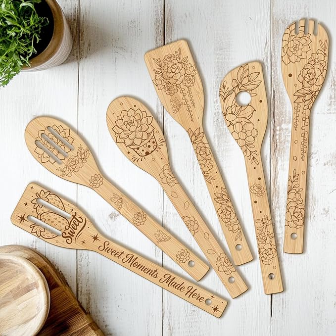 CUTHOLLOW 6PCS Succulents Potted Wooden Kitchen Cooking Utensil Set, 11.9in Non Toxic Bamboo Wood Spoon Set for Cooking, Best Housewarming Birthday Thanksgiving Christmas Gift for Women Mother