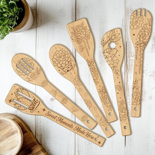CUTHOLLOW 6PCS Succulents Potted Wooden Kitchen Cooking Utensil Set, 11.9in Non Toxic Bamboo Wood Spoon Set for Cooking, Best Housewarming Birthday Thanksgiving Christmas Gift for Women Mother