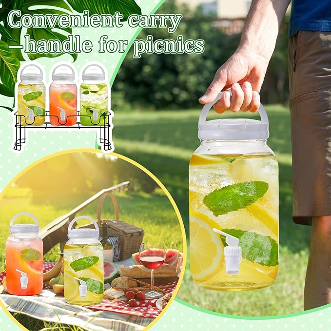 Tanlade 3 Pcs Plastic Drink Dispenser with Stand Beverage Dispenser with Sturdy Metal Base Juice Dispensers for Parties Lemonade Jar Spigot for Weddings Countertop, Each 1 Gallon(White)