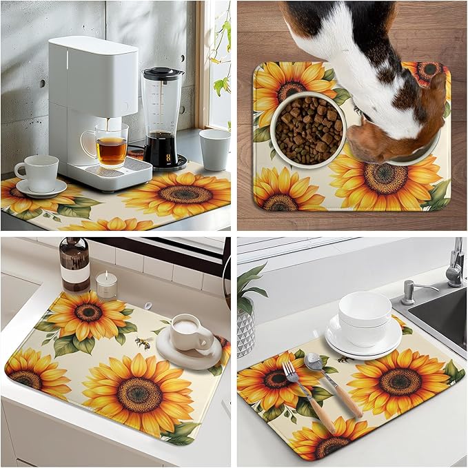 Spring Summer Dish Drying Mat 16x18 Inch Absorbent Reversible Sunflower Drying Mat Sunflower Bee Dish Drying Rack Mat Yellow Summer Themed Dish Drainer Mat for Kitchen Counter Coffee Bar