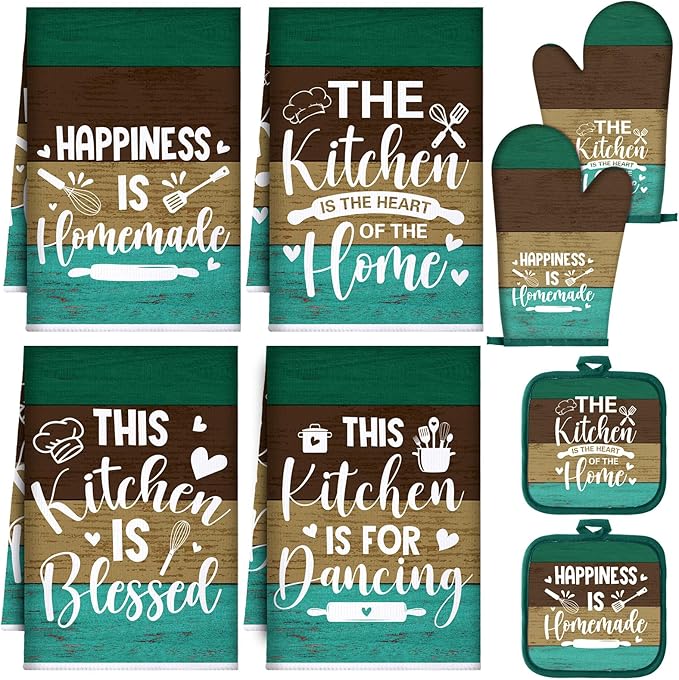 Leinuosen 8 Pcs Kitchen Towels and Oven Mitts Sets Pot Holders Dishcloths Set Kitchen Decorative Accessories Absorbent Potholders Heat Resistant for Chef Baking Cooking by Leinuosen