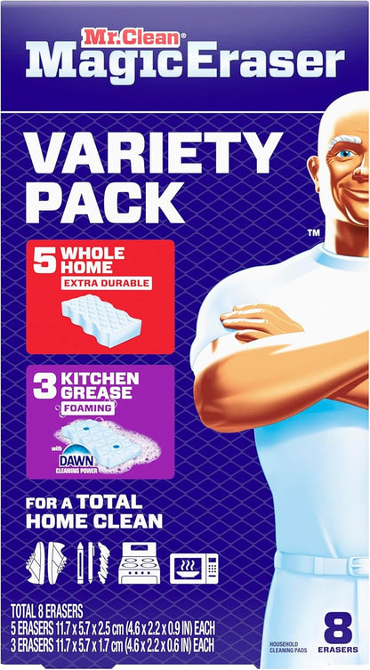Mr. Clean Magic Eraser Sponge, All Purpose Cleaner, Cleaning Scrubber, Wall, Kitchen, Bathroom, Shower Cleaner, Melamine Sponge, Cleaning Pads, Variety Pack, 5 Extra Durable, & 3 Grease Magic Erasers - Image 9